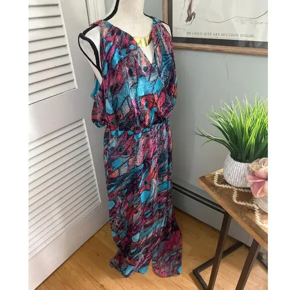 Thalia & Sodi Dress Large Blue Maxi Abstract Print Fairy Spring Goddess Glam - Picture 3 of 10